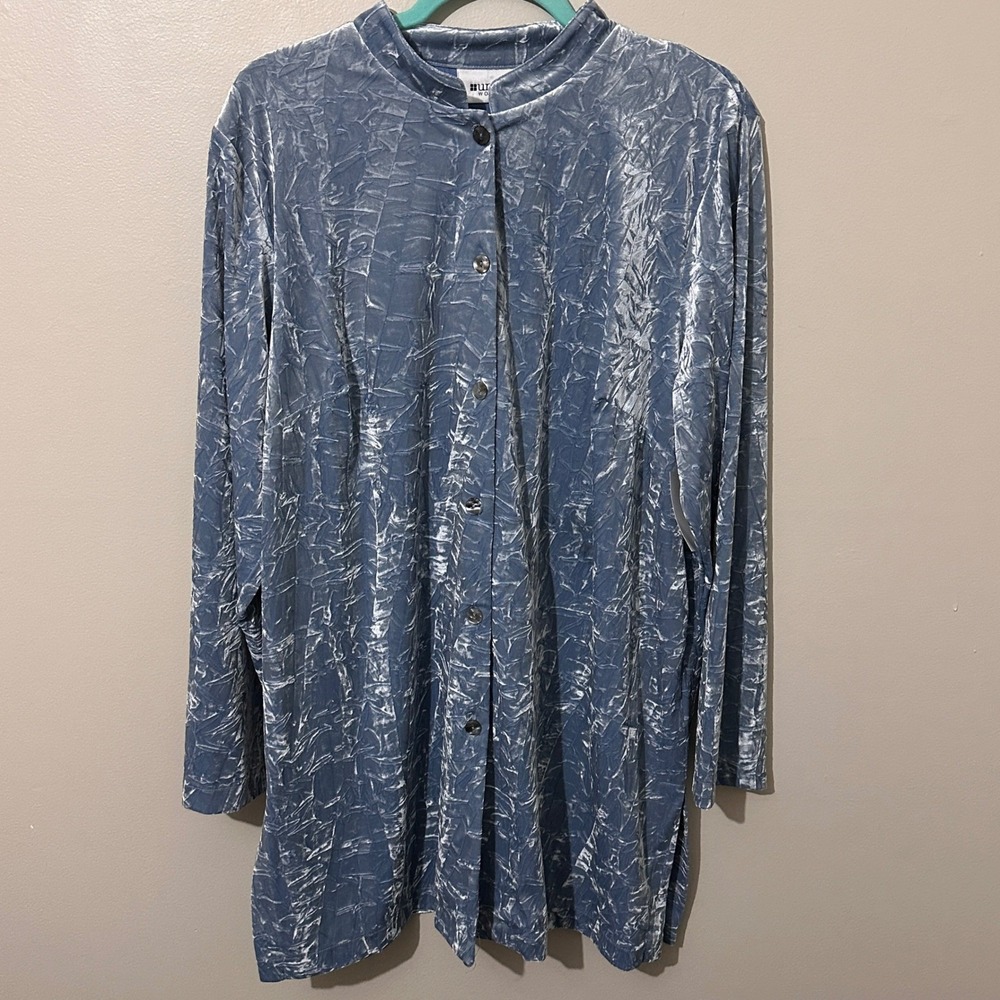 Blue Crushed Velvet Mandarin Collar Button Front Tunic Top Plus Sz 1X Boho